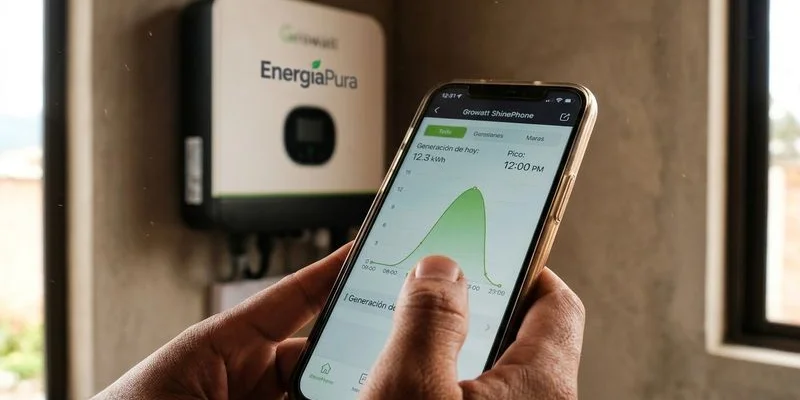 App de monitoreo Growatt mostrando producción solar diaria y curva de generación