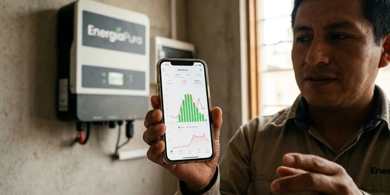 App de monitoreo solar mostrando producción y consumo energético en tiempo real